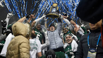 KANSAS CITY, KS - DECEMBER 17: Head Coach Adam Dorrel of Northwest Missouri State University raises the Championship Trophy with his team following the Division II Men's Football Championship held at Children'u2019s Mercy Park on December 17, 2016 in Kansas City, Kansas. Northwest Missouri State defeated North Alabama 29-3 for the national title. (Photo by Justin Tafoya/NCAA Photos via Getty Images)
