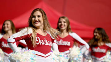 BLOOMINGTON, IN - OCTOBER 12: Indiana Hoosiers cheerleaders perform during the fourth quarter of the game between the Indiana Hoosiers and the Rutgers Scarlet Knights at Memorial Stadium on October 12, 2019 in Bloomington, Indiana. (Photo by Bobby Ellis/Getty Images)