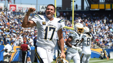 LOS ANGELES, CA - SEPTEMBER 08: Los Angeles Chargers Quarterback Philip Rivers (17) celebrates after throwing a pass for a touchdown during an NFL game between the Indianapolis Colts and the Los Angeles Chargers on September 08, 2019, at Dignity Health Sports Park in Los Angeles, CA. (Photo by Chris Williams/Icon Sportswire via Getty Images)