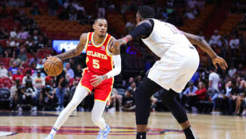 Dejounte Murray #5 of the Atlanta Hawks dribbles the ball against Bam Adebayo #13 of the Miami Heat(Photo by Megan Briggs/Getty Images)
