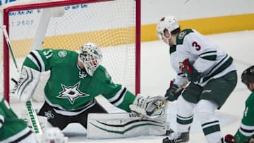 Apr 22, 2016; Dallas, TX, USA; Dallas Stars goalie Antti Niemi (31) makes a save on a shot by Minnesota Wild center Charlie Coyle (3) during the third period in game five of the first round of the 2016 Stanley Cup Playoffs at the American Airlines Center. Mandatory Credit: Jerome Miron-USA TODAY Sports