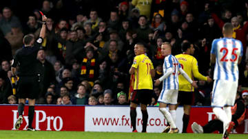 WATFORD, ENGLAND - DECEMBER 16: Troy Deeney of Watford is shown a red card by referee Michael Oliver during the Premier League match between Watford and Huddersfield Town at Vicarage Road on December 16, 2017 in Watford, England. (Photo by Christopher Lee/Getty Images)