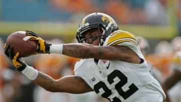 Jan 2, 2015; Jacksonville, FL, USA; Iowa Hawkeyes wide receiver Damond Powell (22) catches a pass before the start of the 2015 TaxSlayer Bowl against the Tennessee Volunteers at EverBank Field. The Tennessee Volunteers beat the Iowa Hawkeyes 45-28. Mandatory Credit: Phil Sears-USA TODAY Sports
