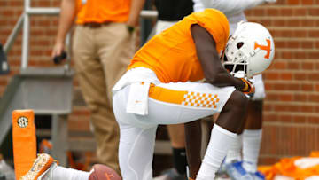 KNOXVILLE, TN - SEPTEMBER 09: Brandon Johnson #7 of the Tennessee Volunteers reacts after a touchdown during the game against the Indiana State Sycamores at Neyland Stadium on September 9, 2017 in Knoxville, Tennessee. (Photo by Michael Reaves/Getty Images)