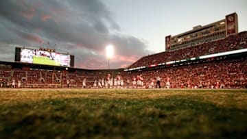 NORMAN, OK - NOVEMBER 25: The Oklahoma Sooners and West Virginia Mountaineers in between plays at Gaylord Family Oklahoma Memorial Stadium on November 25, 2017 in Norman, Oklahoma. Oklahoma defeated West Virginia 59-31. (Photo by Brett Deering/Getty Images)