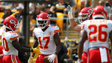 PITTSBURGH, PA - SEPTEMBER 16: Chris Conley #17 of the Kansas City Chiefs celebrates with Tyreek Hill #10 after a 15 yard touchdown reception in the first quarter during the game against the Pittsburgh Steelers at Heinz Field on September 16, 2018 in Pittsburgh, Pennsylvania. (Photo by Justin K. Aller/Getty Images)