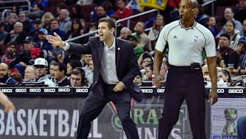 Mar 20, 2016; Philadelphia, PA, USA; Boston Celtics head coach Brad Stevens shots instructions during the first quarter of the game against the Philadelphia 76ers at the Wells Fargo Center. Mandatory Credit: John Geliebter-USA TODAY Sports