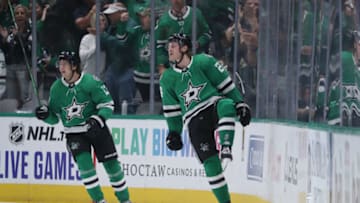 DALLAS, TX - OCTOBER 3: Roope Hintz #24 of the Dallas Stars celebrates a goal against the Boston Bruins at the American Airlines Center on October 3, 2019 in Dallas, Texas. (Photo by Glenn James/NHLI via Getty Images)