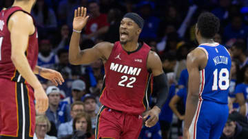 Miami Heat forward Jimmy Butler (22) waves to fans during the fourth quarter against the Philadelphia 76ers(Bill Streicher-USA TODAY Sports)