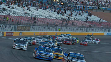 LAS VEGAS, NV - SEPTEMBER 14: Noah Gragson, driver of the #18 Safelite AutoGlass Toyota, takes the green flag to start the NASCAR Camping World Truck Sereis World of Westgate 200 at Las Vegas Motor Speedway on September 14, 2018 in Lfas Vegas, Nevada. (Photo by Matt Sullivan/Getty Images)