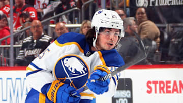 NEWARK, NEW JERSEY - APRIL 11: Owen Power #25 of the Buffalo Sabres against the New Jersey Devils at the Prudential Center on April 11, 2023 in Newark, New Jersey. (Photo by Bruce Bennett/Getty Images)
