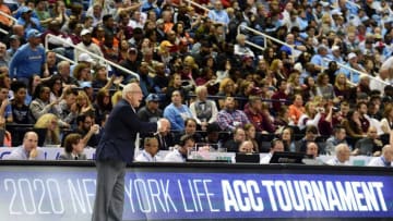 GREENSBORO, NORTH CAROLINA - MARCH 10: Head coach Roy Williams of the North Carolina Tar Heels reacts following a play against the Virginia Tech Hokies during their game in the first round of the 2020 Men's ACC Basketball Tournament at Greensboro Coliseum on March 10, 2020 in Greensboro, North Carolina. (Photo by Jared C. Tilton/Getty Images)