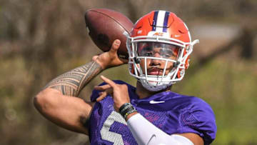 Clemson quarterback D.J. Uiagalelei(5) throws a ball during football practice in Clemson, S.C. Monday, March 22, 2021.Clemson Spring Football Practice
