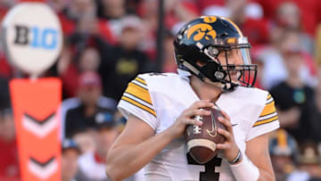 LINCOLN, NE - NOVEMBER 24: Quarterback Nathan Stanley #4 of the Iowa Hawkeyes looks to pass against the Nebraska Cornhuskers at Memorial Stadium on November 24, 2017 in Lincoln, Nebraska. (Photo by Steven Branscombe/Getty Images)
