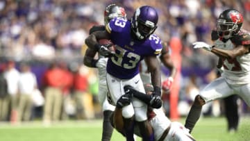 MINNEAPOLIS, MN - SEPTEMBER 24: Dalvin Cook #33 of the Minnesota Vikings carries the ball in the second half of the game against the Tampa Bay Buccaneers on September 24, 2017 at U.S. Bank Stadium in Minneapolis, Minnesota. (Photo by Hannah Foslien/Getty Images)