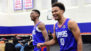 PLAYA VISTA, CA - SEPTEMBER 24: Shai Gilgeous-Alexander #2 and Jerome Robinson #10 of the Los Angeles Clippers share a laugh on media day at the Los Angeles Clippers Training Center on September 24, 2018 in Playa Vista, California. (Photo by Jayne Kamin-Oncea/Getty Images) NOTE TO USER: User expressly acknowledges and agrees that, by downloading and or using this photograph, User is consenting to the terms and conditions of the Getty Images License Agreement.