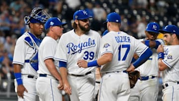 KANSAS CITY, MO - JUNE 19: Jason Hammel #39 starting pitcher of the Kansas City Royals leaves the mound after being taken out of a game against the Texas Rangers at Kauffman Stadium on June 19, 2018 in Kansas City, Missouri. (Photo by Ed Zurga/Getty Images)