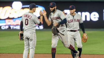 KANSAS CITY, MO - MAY 03: Josh Naylor #22 of the Cleveland Indians celebrates with teammates after defeating the Kansas City Royals at Kauffman Stadium on May 3, 2021 in Kansas City, Missouri. (Photo by Kyle Rivas/Getty Images)