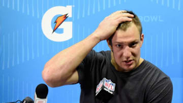 MINNEAPOLIS, MN - FEBRUARY 04: Rob Gronkowski #87 of the New England Patriots speaks to the media after losing to the Philadelphia Eagles 41-33 in Super Bowl LII at U.S. Bank Stadium on February 4, 2018 in Minneapolis, Minnesota. (Photo by Larry Busacca/Getty Images)