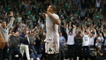 Apr 13, 2016; Boston, MA, USA; Boston Celtics guard Isaiah Thomas (4) celebrates against the Miami Heat during the second half at TD Garden. Mandatory Credit: Mark L. Baer-USA TODAY Sports