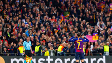 FC Barcelona midfielder Philippe Coutinho (7) celebrates scoring the goal during the UEFA Champions League match between FC Barcelona and Manchester United FC at Camp Nou Stadium on April 16, 2019 in Barcelona, Spain. (Photo by Mikel Trigueros/ Urbanandsport/ NurPhoto via Getty Images)