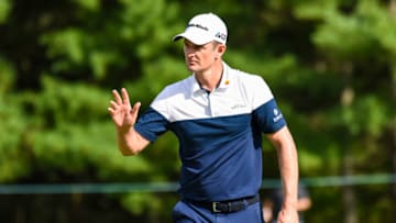 NORTON, MA - AUGUST 31: Justin Rose of England waves to fans after making a birdie putt on the ninth hole green during the first round of the Dell Technologies Championship at TPC Boston on August 31, 2018 in Norton, Massachusetts. (Photo by Keyur Khamar/PGA TOUR)