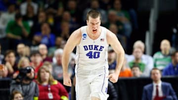 Mar 17, 2016; Providence, RI, USA; Duke University Blue Devils center Marshall Plumlee (40) reacts during the second half of a first round game against UNC Wilmington Seahawks during the 2016 NCAA Tournament at Dunkin Donuts Center. Mandatory Credit: Winslow Townson-USA TODAY Sports