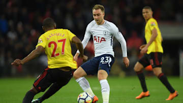 LONDON, ENGLAND - APRIL 30: Christian Eriksen of Tottenham Hotspur is challenged by Christian Kabasele of Watford during the Premier League match between Tottenham Hotspur and Watford at Wembley Stadium on April 30, 2018 in London, England. (Photo by Mike Hewitt/Getty Images)