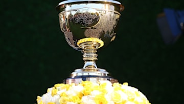 MELBOURNE, AUSTRALIA - NOVEMBER 25: The Presidents Cup sits on display at the Presidents Cup International Team Reception after day four of the 2018 World Cup of Golf at Royal Melbourne Golf Club on November 25, 2018 in Melbourne, Australia. (Photo by Scott Barbour/Getty Images)