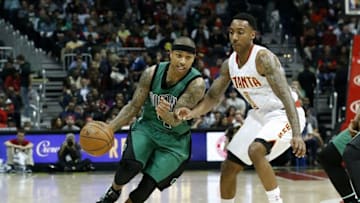 Apr 9, 2016; Atlanta, GA, USA; Boston Celtics guard Isaiah Thomas (4) drives against Atlanta Hawks guard Jeff Teague (0) in the fourth quarter of their game at Philips Arena. The Hawks won 118-107. Mandatory Credit: Jason Getz-USA TODAY Sports