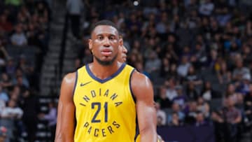 SACRAMENTO, CA - MARCH 29: Thaddeus Young #21 of the Indiana Pacers looks on during the game against the Sacramento Kings on March 29, 2018 at Golden 1 Center in Sacramento, California. NOTE TO USER: User expressly acknowledges and agrees that, by downloading and or using this photograph, User is consenting to the terms and conditions of the Getty Images Agreement. Mandatory Copyright Notice: Copyright 2018 NBAE (Photo by Rocky Widner/NBAE via Getty Images)