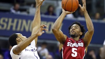 Jan 28, 2015; Seattle, WA, USA; Stanford Cardinal guard Chasson Randle (5) shoots against the Washington Huskies during the second half of a 84-74 Stanford victory at Alaska Airlines Arena. Mandatory Credit: Joe Nicholson-USA TODAY Sports