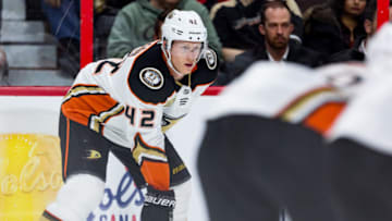 OTTAWA, ON - FEBRUARY 07: Anaheim Ducks Defenceman Josh Manson (42) prepares for a face-off during second period National Hockey League action between the Anaheim Ducks and Ottawa Senators on February 7, 2019, at Canadian Tire Centre in Ottawa, ON, Canada. (Photo by Richard A. Whittaker/Icon Sportswire via Getty Images)