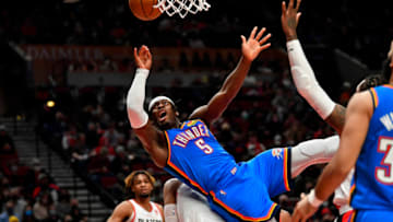 Luguentz Dort #5 of the Oklahoma City Thunder drives to the basket during the third quarter of the game against the Portland Trail Blazers at the Moda Center on February 04, 2022 in Portland, Oregon. The Oklahoma City Thunder won 96-93. NOTE (Photo by Alika Jenner/Getty Images)