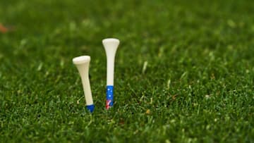 THE COLONY, TX - MAY 03: Two tees mark the ball position of Karrie Webb of Australia in the first fairway after play was suspended due to high winds during the first round of the 2018 Volunteers of America Texas Classic at Old American Golf Club on May 3, 2018 in The Colony, Texas. (Photograph by Darren Carroll/Getty Images)