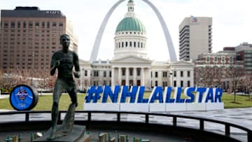 ST LOUIS, MISSOURI - JANUARY 22: A general view of NHL All-Star signage is seen in front of the Old Courthouse and the Gateway Arch prior to the start of the All-Star Weekend festivities on January 22, 2020 in St Louis, Missouri. (Photo by Jeff Vinnick/NHLI via Getty Images)