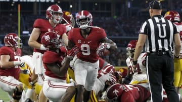 Sep 3, 2016; Arlington, TX, USA; Alabama Crimson Tide running back Bo Scarbrough (9) scores a touchdown during the second half against the USC Trojans at AT&T Stadium. Mandatory Credit: Tim Heitman-USA TODAY Sports