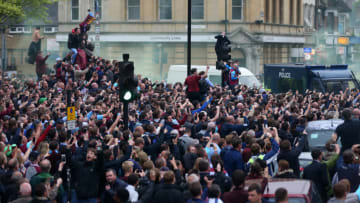 LONDON, ENGLAND - MAY 10: West Ham fans congregate in the street before the Barclays Premier League match between West Ham United and Manchester United on May 10, 2016 in London, United Kingdom. (Photo by Catherine Ivill - AMA/Getty Images)