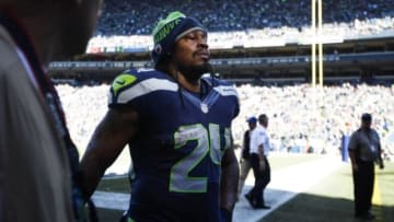 Sep 27, 2015; Seattle, WA, USA; Seattle Seahawks running back Marshawn Lynch (24) walks back to the locker room following the first half of a 26-0 victory against the Chicago Bears at CenturyLink Field. Mandatory Credit: Joe Nicholson-USA TODAY Sports
