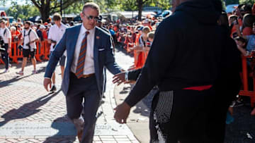 Auburn football head coach Bryan Harsin greets fans during tiger walk before Auburn Tigers take on LSU Tigers at Jordan-Hare Stadium in Auburn, Ala., on Saturday, Oct. 1, 2022.