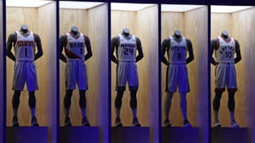 LOS ANGELES, CA - SEPTEMBER 15: A shot of the Phoenix Suns, Portland Trail Blazers, Sacramento Kings, San Antonio Spurs and Toronto Raptors new uniforms during the Nike Innovation Summit in Los Angeles, California on September 15, 2017. NOTE TO USER: User expressly acknowledges and agrees that, by downloading and or using this photograph, User is consenting to the terms and conditions of the Getty Images License Agreement. Mandatory Copyright Notice: Copyright 2017 NBAE (Photo by Andrew D. Bernstein/NBAE via Getty Images)