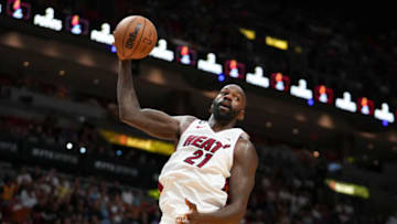 Dewayne Dedmon #21 of the Miami Heat grabs a rebound during the first half against the Sacramento Kings(Photo by Eric Espada/Getty Images)