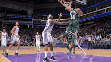 SACRAMENTO, CA - NOVEMBER 28: Giannis Antetokounmpo #34 of the Milwaukee Bucks puts up a shot against Zach Randolph #50 of the Sacramento Kings on November 28, 2017 at Golden 1 Center in Sacramento, California. NOTE TO USER: User expressly acknowledges and agrees that, by downloading and or using this photograph, User is consenting to the terms and conditions of the Getty Images Agreement. Mandatory Copyright Notice: Copyright 2017 NBAE (Photo by Rocky Widner/NBAE via Getty Images)