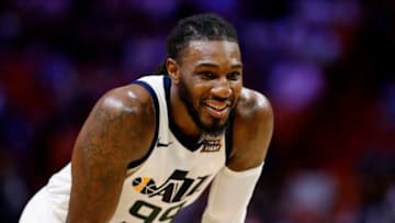 MIAMI, FL - DECEMBER 02: Jae Crowder #99 of the Utah Jazz looks on against the Miami Heat at American Airlines Arena on December 2, 2018 in Miami, Florida. (Photo by Michael Reaves/Getty Images)