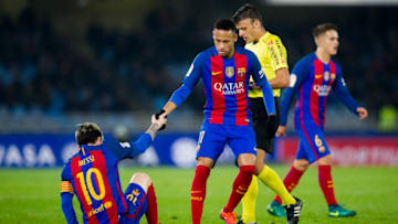 Lionel Messi and Neymar of FC Barcelona. (Photo by Juan Manuel Serrano Arce/Getty Images)