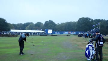 TADWORTH, ENGLAND - OCTOBER 14: Eddie Pepperell of England plays his second shot on the 18th hole during day four of Sky Sports British Masters at Walton Heath Golf Club on October 14, 2018 in Tadworth, England. (Photo by Andrew Redington/Getty Images)