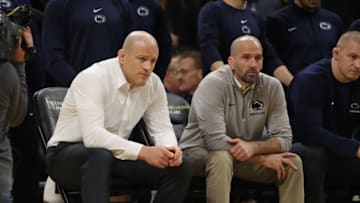 Jan 31, 2020; Iowa City, Iowa, USA; Penn State Nittany Lions head coach Cael Sanderson watches his team wrestle the Iowa Hawkeyes at Carver Hawkeye Arena, Mandatory Credit: Reese Strickland-USA TODAY Sports