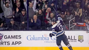COLUMBUS, OH - DECEMBER 4: Cam Atkinson #13 of the Columbus Blue Jackets celebrates after scoring a goal during the game against the Calgary Flames on December 4, 2018 at Nationwide Arena in Columbus, Ohio. (Photo by Kirk Irwin/Getty Images)