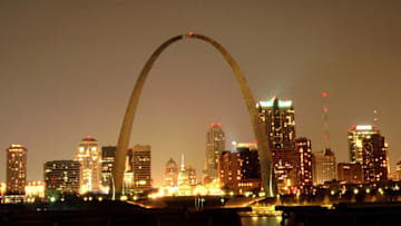 The St. Louis skyline as viewed from across the Mississippi River is shown April 20, 1999. The Jefferson Expansion National Memorial was shown sitting under the St. Louis Arch. (Photo by Todd A. Swift)