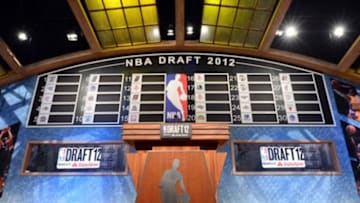 June 28, 2012; Newark, NJ, USA; A general view of the stage before the 2012 NBA Draft at the Prudential Center. Mandatory Credit: Jerry Lai-USA TODAY Sports